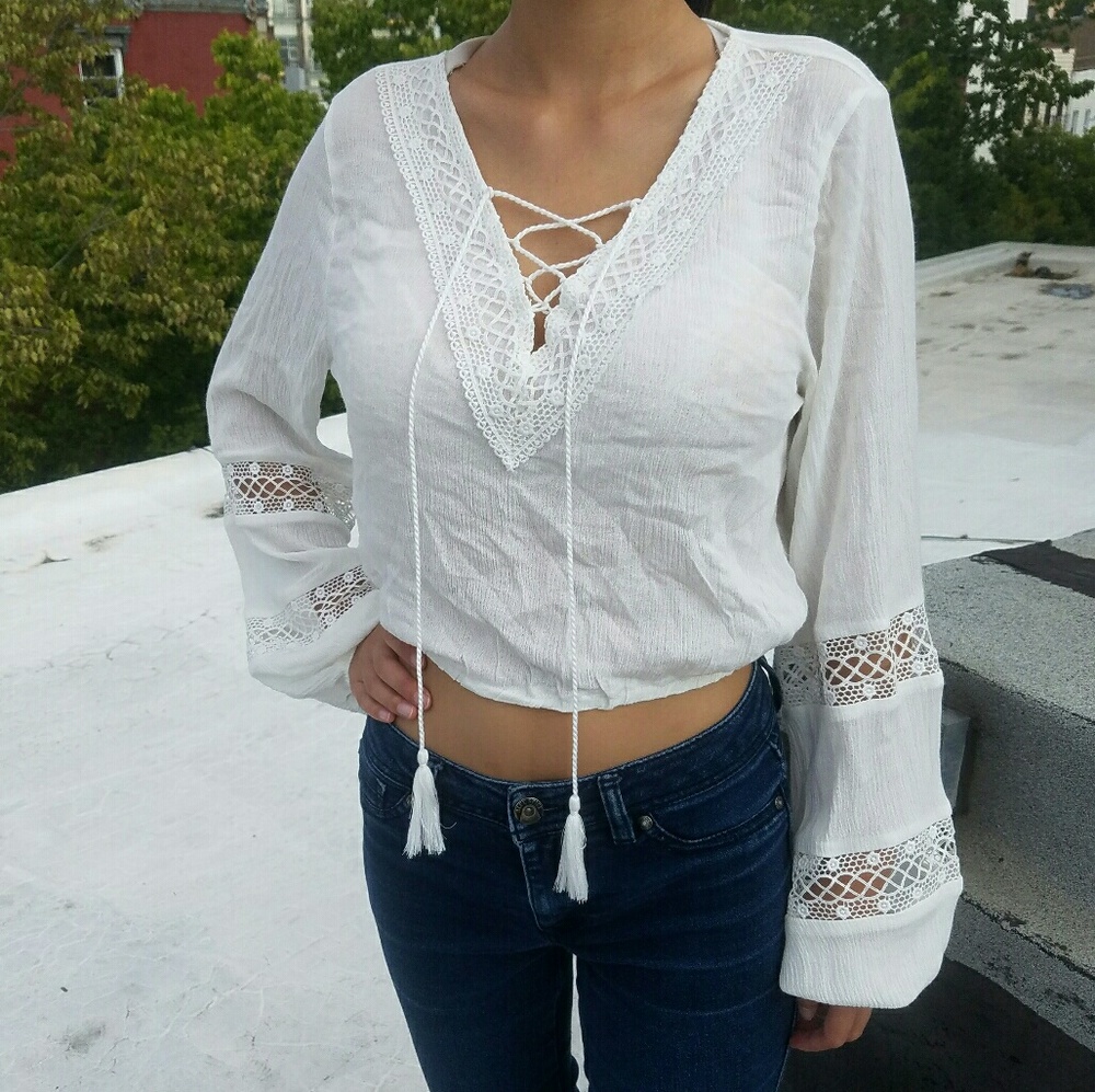 White boho lace up top